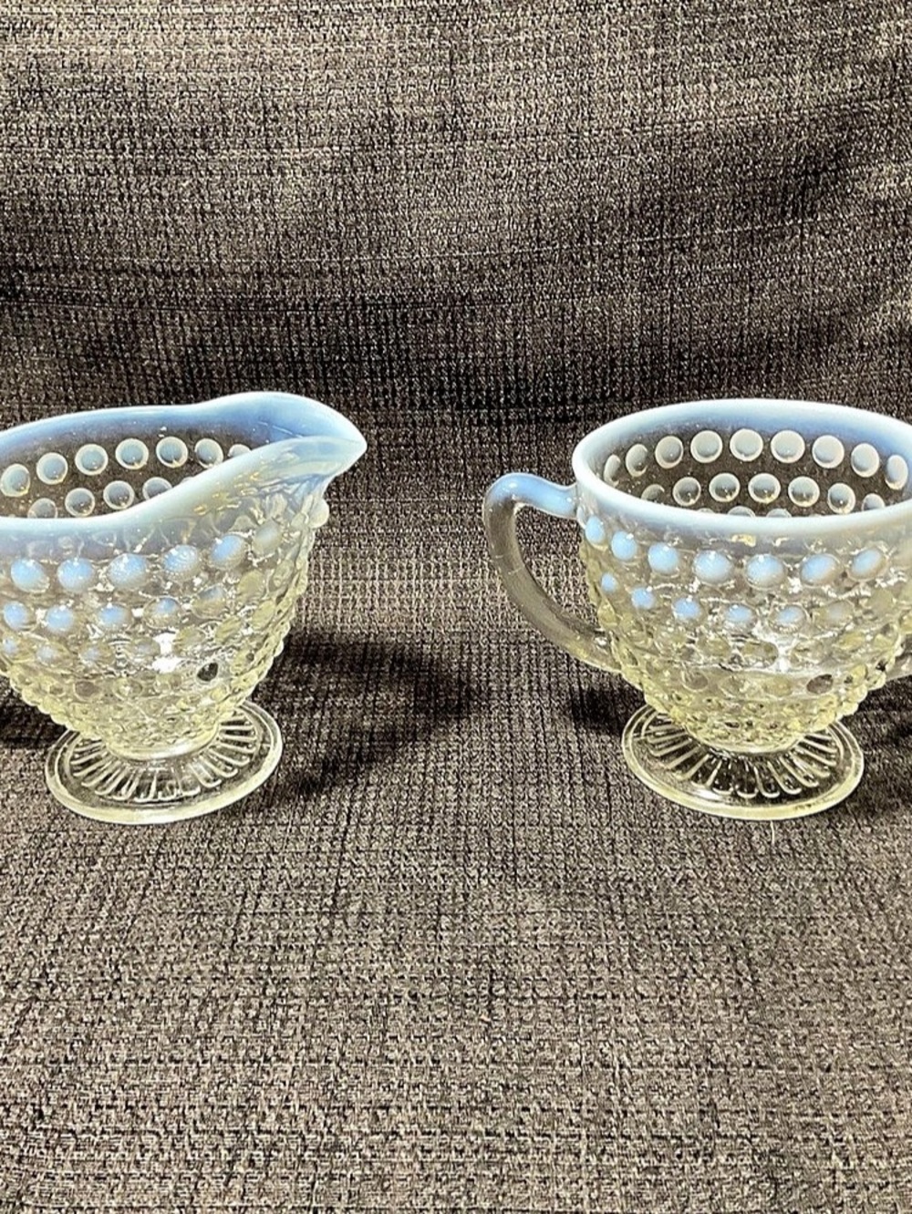 Anchor Hocking Moonstone Opal Clear & Blue Hobnail Glass Creamer Pair